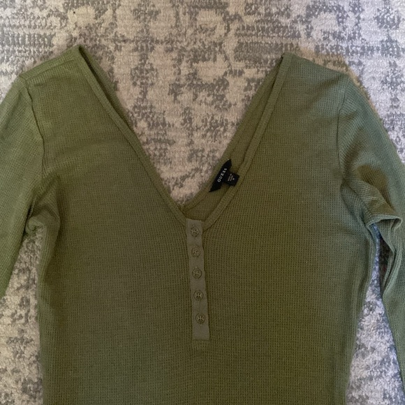 Deep V-neck, army green,thermal, long sleeve shirt, features elegant detail. - Picture 2 of 6